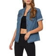 thumbnail image 4 of INSPIRE CHIC Women's Denim Jacket Short Sleeve Collared Button Up Jean Shirt Tops Blue XS, 4 of 6