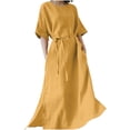 thumbnail image 1 of QIPOPIQ Robes pour Femmes avec Poches Manches Courtes Robes Décontractées Col Rond Robe d'Été Unie Manches Mi-Longues Robe Fendue avec Ceinture Offres 2023, 1 of 6