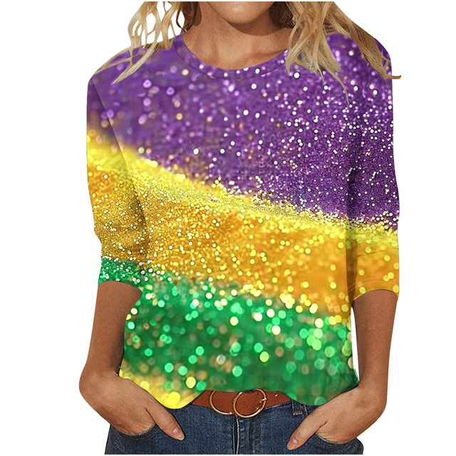 Penkiiy Blouse de Carnaval Manches 3/4 Chemise de Printemps Tee Quotidien Imprimé Masque Blouse Mardi Gras Col Rond 2024 Tee Tunique Habillée m Multicolore
