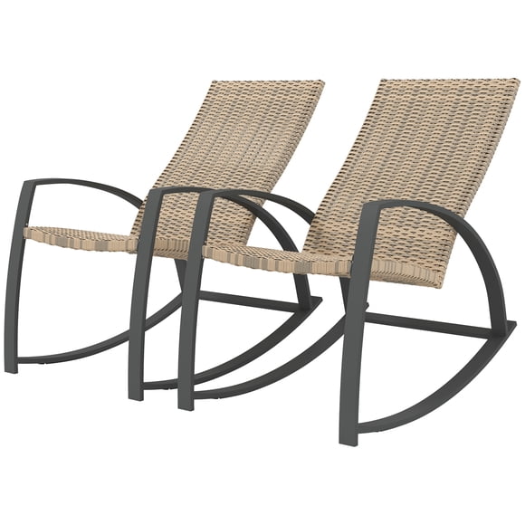 Outsunny 2pc Khaki Rattan Patio Rocking Chair Set, UV-Resistant PE Wicker Outdoor Rockers with High Back & Armrests, 40.2"H Garden Balcony Furniture