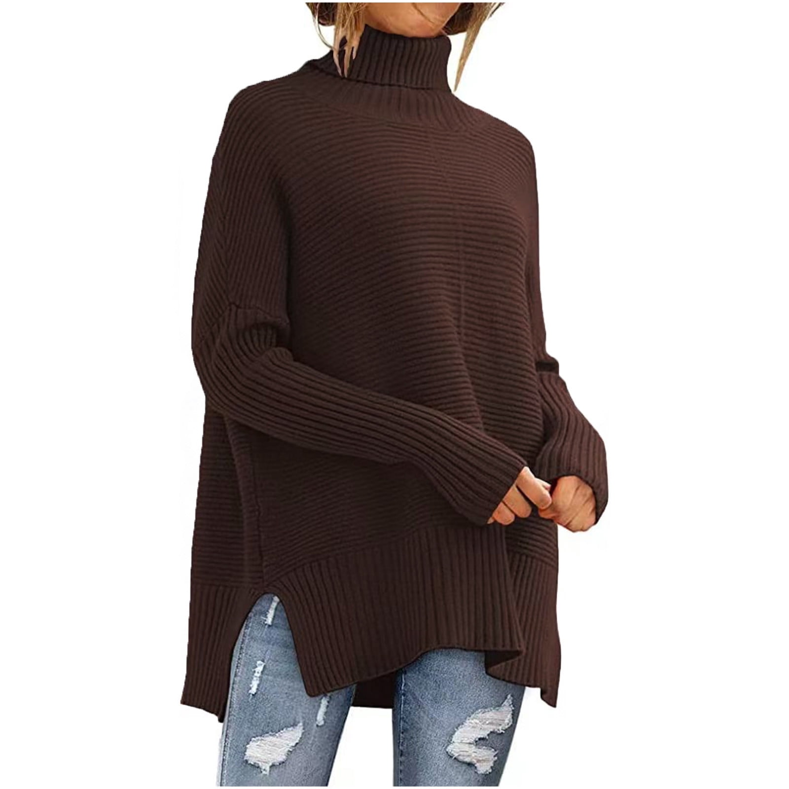 Dagegui Women's Oversized Turtleneck Sweaters Fall Drop Shoulder Long Sleeve Ribbed Knit Tunic Pullover Tops Brown,S