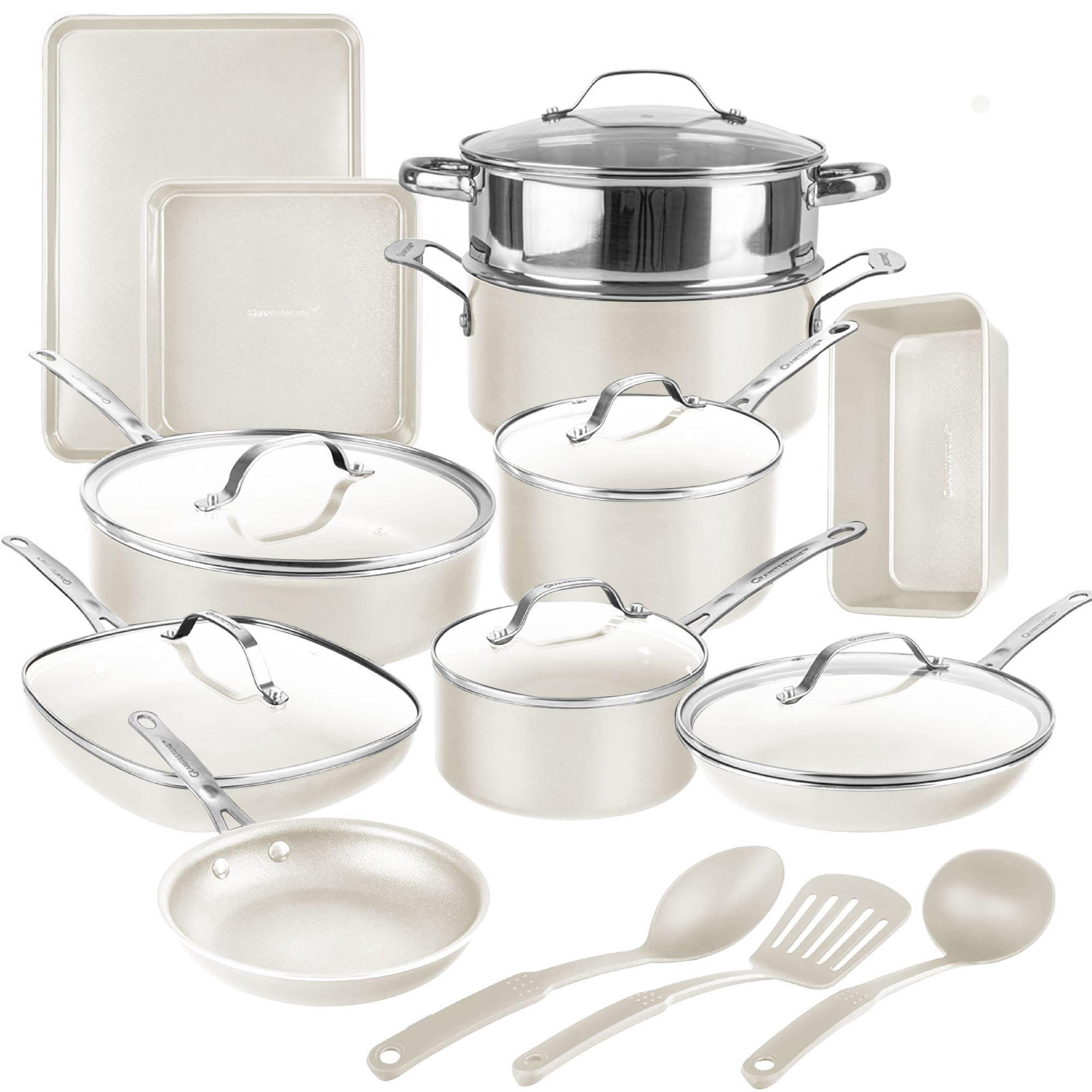 Gotham Steel Cream 20 Piece Nonstick Ceramic Cookware and Bakeware Set Stainless Steel Handle with Utensils Oven and Dishwasher Safe