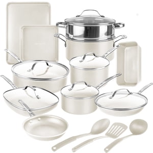 Gotham Steel Cream 20 Piece Nonstick Ceramic Cookware and Bakeware Set Stainless Steel Handle with Utensils Oven and Dishwasher Safe