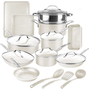Gotham Steel Cream 20 Piece Nonstick Ceramic Cookware and Bakeware Set Stainless Steel Handle with Utensils Oven and Dishwasher Safe