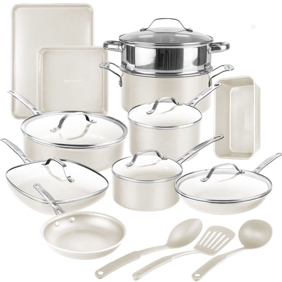 Gotham Steel Cream 20 Piece Nonstick Ceramic Cookware and Bakeware Set Stainless Steel Handle with Utensils Oven and Dishwasher Safe