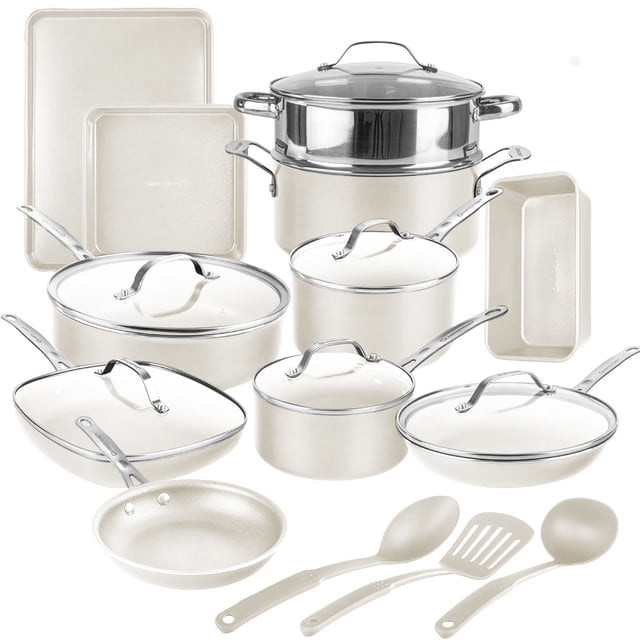 Gotham Steel Cream 20 Piece Nonstick Ceramic Cookware and Bakeware Set Stainless Steel Handle with Utensils Oven and Dishwasher Safe