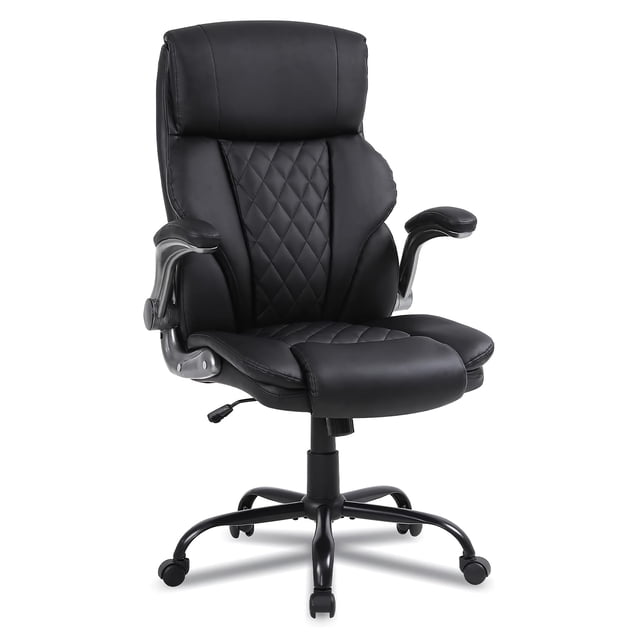 Office Chair, Adjustable Swivel Chair with PU Leather, High-Back Lumbar Support, Flip-Up Armrests for Home, Office - GD-9335. This black executive office chair features a high-back design with ergonomic lumbar support and a solid back style. The chair is upholstered in premium PU leather with a quilted pattern on the backrest and seat. It includes flip-up armrests, a padded headrest, and a double-padded seat cushion for enhanced comfort. The chair offers adjustable seat height, tilt tension control, and a rocking function. It is supported by a sturdy 5-star base with 360-degree swivel wheels for smooth mobility. Suitable for home or office use, it has a maximum weight capacity of 350 lbs and dimensions of 118.4 x 58.4 x 57 cm.