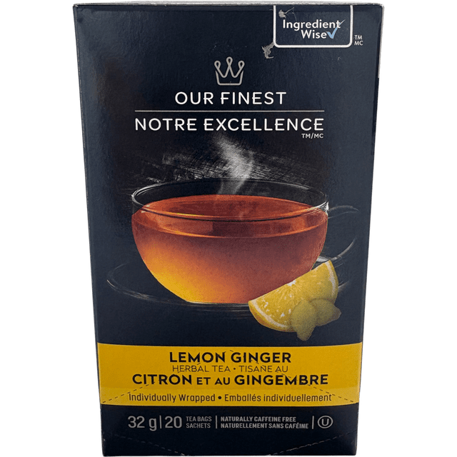 Our Finest Lemon Ginger Herbal Tea box showing a steaming cup of amber tea with lemon wedge and ginger root on a dark background, containing 20 individually wrapped tea bags, naturally caffeine free, bilingual English and French text.