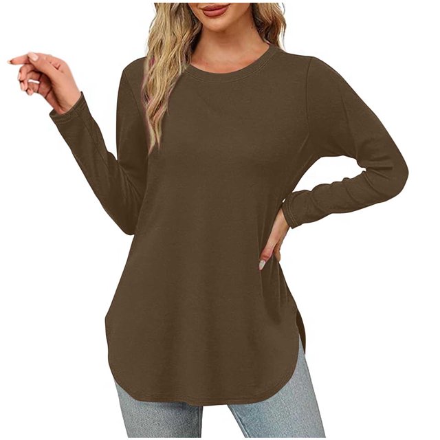 Yuyuzo Womens Tops Crew Neck Long Sleeve Side Split Solid Color Loose Casual Basic Fall Tunic Top