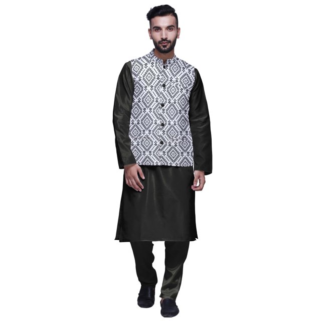 Atasi Solid Kurta Pajama & Printed Nehru Jacket Set For Mens Party Wear