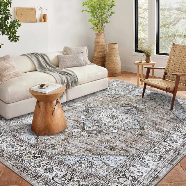 Garvee Tapis Vintage Usé 5'x7' pour Salon, Tapis Lavable à Médaillon Rétro Antidérapant et Résistant aux Taches pour Intérieur Chambre Bureau à Domicile, Kaki