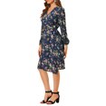 thumbnail image 4 of INSPIRE CHIC Robe Portefeuille Bohème à Fleurs pour Femme, Col en V, Manches Bishop, Longueur sous le Genou, m Bleu Foncé, 4 of 7