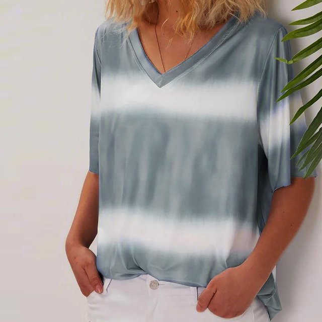 CEHVOM T-Shirt Dégradé pour Femmes, Col en V, Manches Courtes, Décontracté