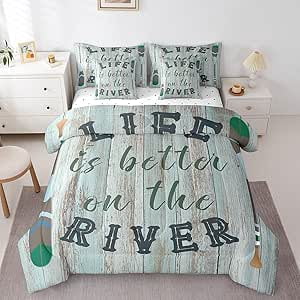 YST Lake Life Kids Comforter Set 7 Piece Full Size,Life is Better On The River Theme Reversible Quilt Set,Paddle Print Rustic Wooden Board Bedding Set with Comforter,Sheet,Pillowcase