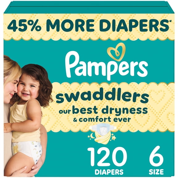 Pampers Swaddlers Diapers, Size 6 (23-44 lbs), Absorbent, Keeps Baby Dry and Comfortable, Skin Safe Disposable Baby Diaper