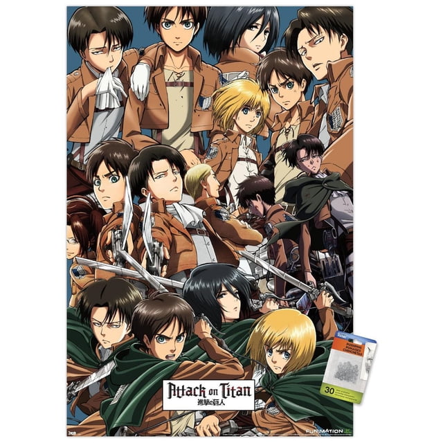Attack on Titan - Affiche Murale Collage, 22,375 Po x 34 Po, Représentant Plusieurs Personnages d'Anime en Vestes de Corps d'Exploration Brunes et Capes Vertes Tenant des Épées dans une pose de Groupe Dynamique sur Fond Bleu, Imprimée sur Papier Lustré par Trends International, Idéale pour la Déco de Chambre d'Anime Ou la Décoration de Fête.