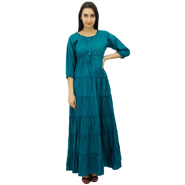 Bimba Robe Maxi d'Été en Coton à Manches 3/4 pour Femme, Taille à Cordon