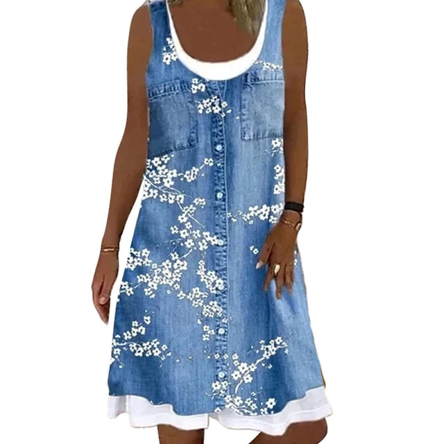 MAWCLOS Robe d'Été Droite pour Femme, Encolure Dégagée, Robe Débardeur, Tunique Midi Unie, Style Bohème, Voyage, Sans Manches, Bleu Ciel, Floral, S