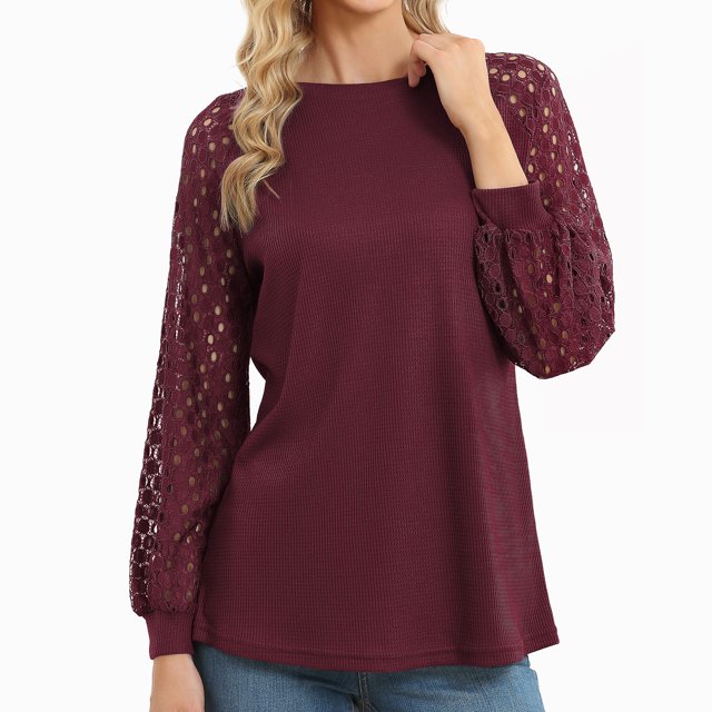 Pull en Tricot Fin à Col Rond pour Femmes Pull à Manches Longues avec Manches en Dentelle Ajourées