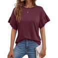thumbnail image 2 of Womens Short Sleeve Tops Summer Tshirts Casual Ruffle Crewneck Fashion Blouse Dark red L, 2 of 9