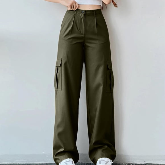 LOVZFMLL Women's Pants, Color Casual Mid Waist Trousers with Pocket Waist Cargo Pants Army Green, S
