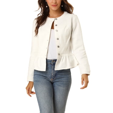 INSPIRE CHIC Women's Denim Jackets Button Down Peplum Hem Long Sleeves Cropped Jean Jackets White 3XL