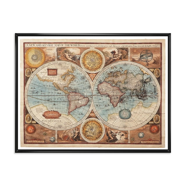 Designart Ancienne carte du monde VIII ART MURAL À CADRE FLOTTÉ