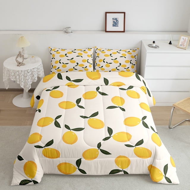 YST Cartoon Lemon Bedding Set For Adult Teens,Summer Tropical Fruit Down Comfortert,Hawaii Rustic Food Comforter Set,Yellow Botanical Pattern Duvet Set For All Season,Lightweight Full Size