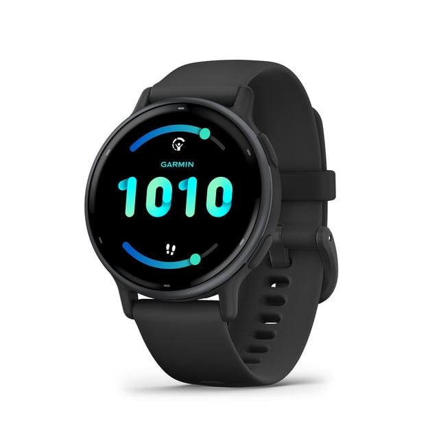 Garmin vívoactive 5 GPS Smartwatch and Fitness Tracker in black with a round AMOLED display showing 10:10, black silicone strap, side buttons, designed for health monitoring, sports tracking, and up to 11 days battery life, suitable for tracking various workouts.