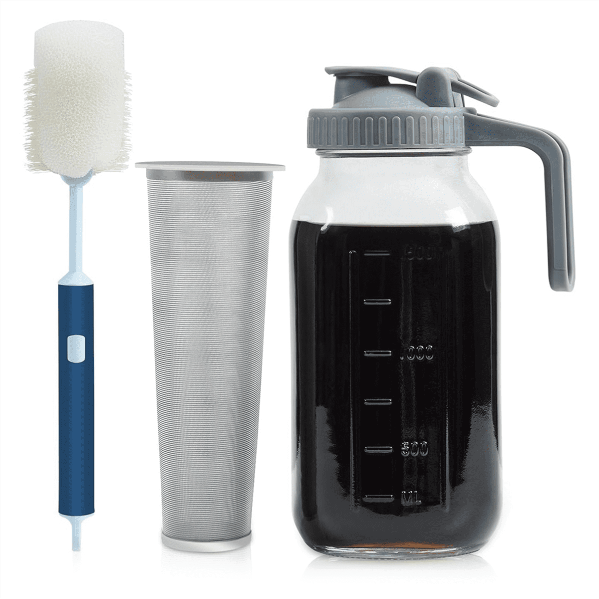 Cold Brew Coffee Maker Mason Jar 64Oz, Durable Thick Glass Cold Brew Pitcher Flip Cap Spout Lid with Handle