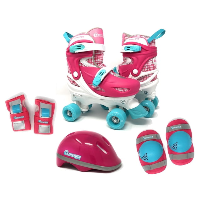 Chicago Skates Kids Adjustable Quad Rollerblades with Accessory Bundle in pink and blue, featuring adjustable quad roller skates with two micro ratchet buckles, 60mm composite wheels, a pink ventilated helmet, and matching wrist guards, knee pads, and elbow pads for safety and comfort.