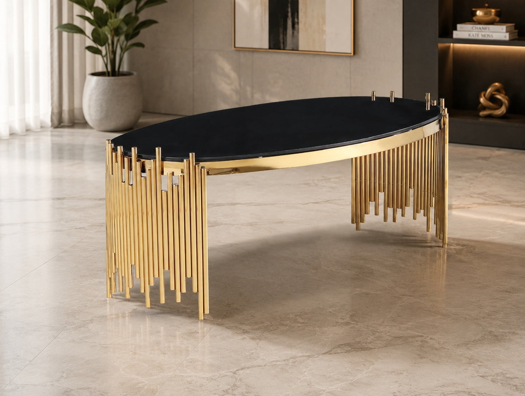 Table basse K-Living Venus avec plateau en verre noir et base en acier inoxydable poli doré
