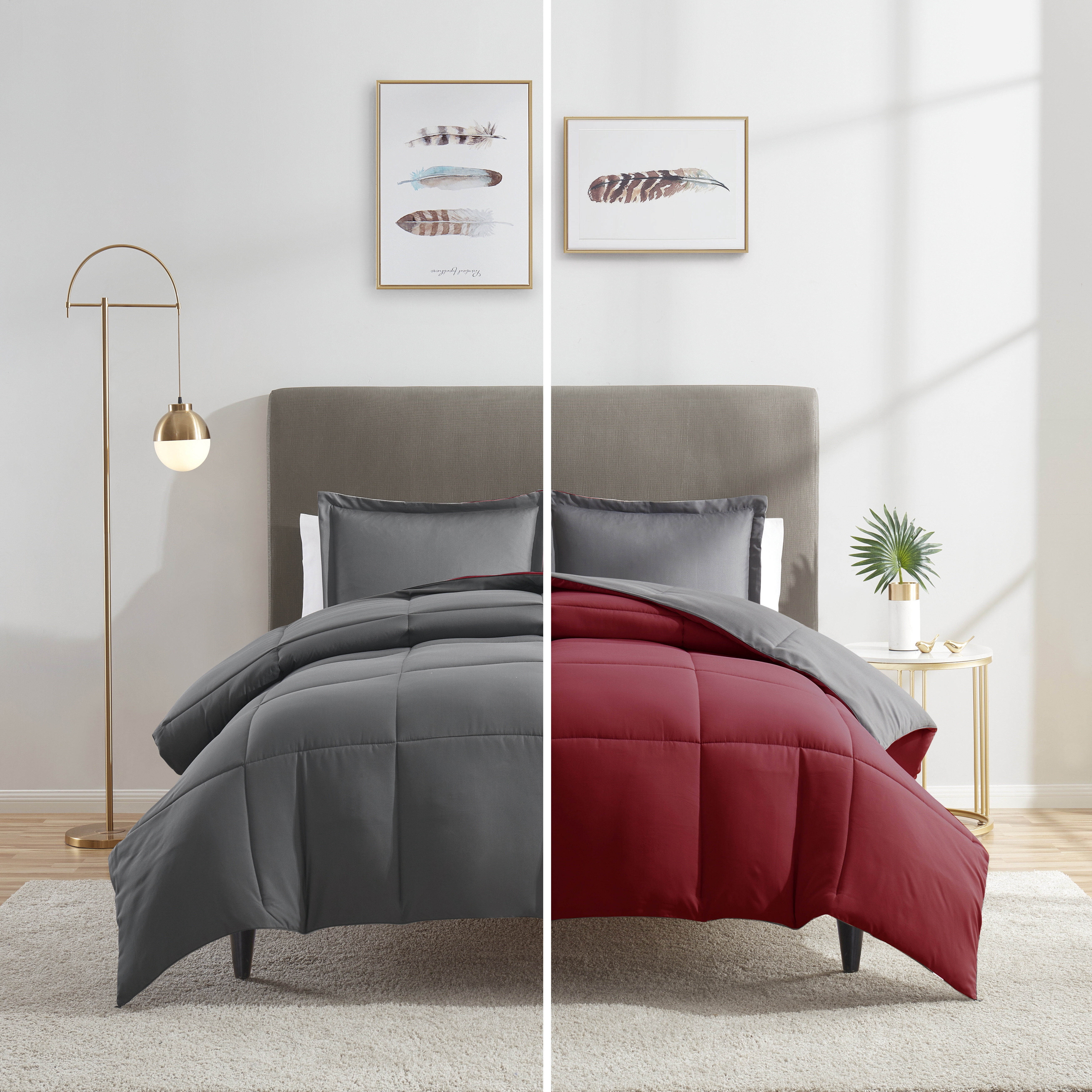 Nestl Reversible Comforter Set, King/Cal King Comforter Set, Grey/Burgundy
