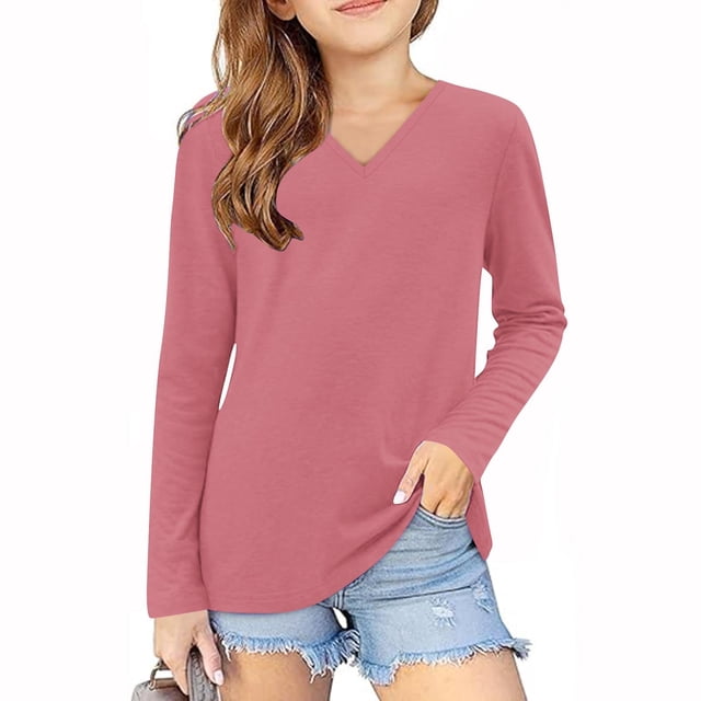 vdgthytj Toddler Boys Girls Long Sleeve T-Shirts Kids V Neck Solid Color Color Basic Tops Fall Spring Outfit Blouse