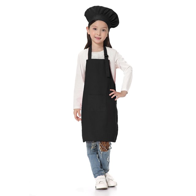 TOPTIE Kids Apron and Chef Hat Set, Adjustable Cotton Child Cooking Kitchen Apron, S-XXL-Black-L