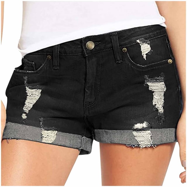 Womens Denim Button Zipper Short Summer Mid Waist Stretchy Pockets Jean Shorts in black with distressed detailing and rolled cuffs. Features front and back pockets, button closure, and zipper fly. Made from lightweight polyester fabric for casual and comfortable wear, ideal for summer outings or beach vacations.