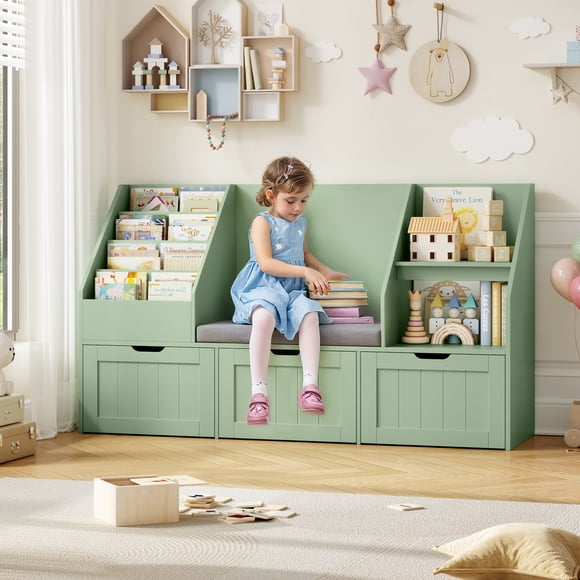 Homfa Bibliothèque pour Enfants avec Coin Lecture et 3 Tiroirs Mobiles, Bibliothèque à 2 Cubes avec Étagères à Livres à 4 Niveaux, Organisateur de Rangement pour Jouets pour Salle de Jeux Chambre, Vert