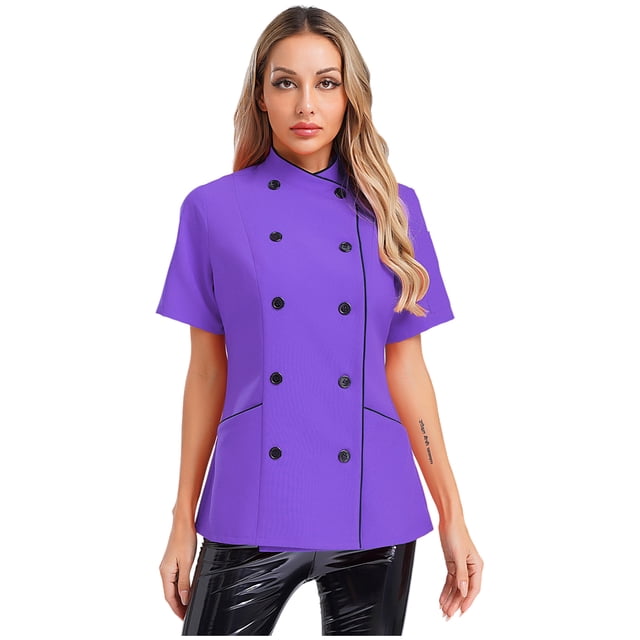 Eandarui Women Short Sleeve Chef Jacket Professional Chef Coat Work Uniform for Hotel Cooking Kitchen Purple L