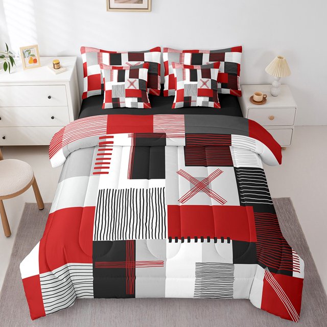 Erosebridal Patchwork Rectangle Bed in a Bag Full size,Geometry Stripe Bed Set,Abstract Artwork Decor,Reversible,Breathable,7-Piece