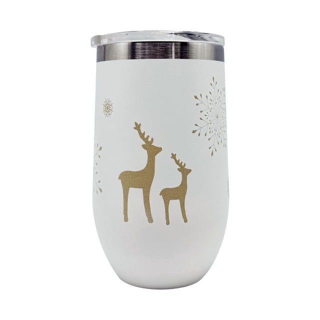 Holiday Time 16oz Double Wall Tumbler White with gold reindeer and snowflake designs, stainless steel rim, and clear lid, featuring double wall insulation to maintain beverage temperature, ideal for indoor and outdoor use.