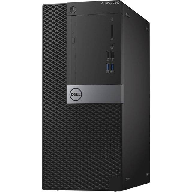 Refurbished Dell OptiPlex 7040 Intel i7-6700 Desktop PC tower with black diamond-patterned front panel, silver Dell logo strip, front USB 2.0 and 3.0 ports, SD card reader, headphone jack, and power button, shown in a front 3/4 view, ideal for office and productivity use.