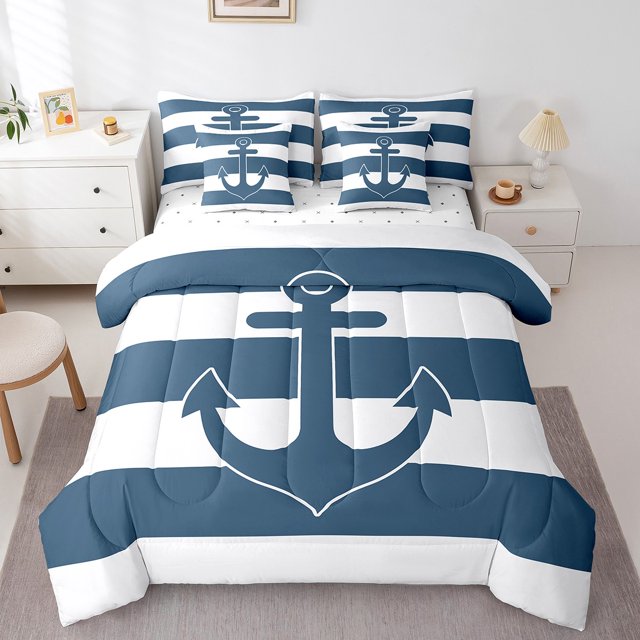 Erosebridal Nautical Anchor Bed In A Bag Full Size,Geometric Stripes Bed Set,Ocean Decoration,Reversible,Breathable,7-Piece
