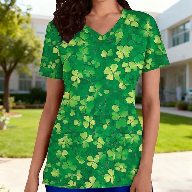 Mceream Nurse St Patricks Day Shirt for Womens Breathable Plus Size Nurse Working Uniform Shamrocks Print Scrub Tops V Neck Short Sleeve Fun Nursing Uniforms Green S
