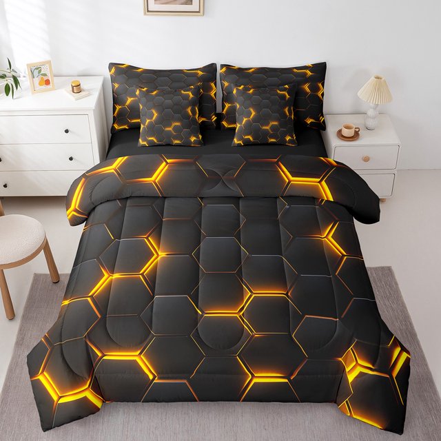 7 Piece Golden Honeycomb Print Bed in a Bag Queen Beehive Geometrical Comforter Set with Sheets,Black Hexagonal Pattern Bed Set Geometry Cushion Covers Modern Abstract Plaid Fitted Sheet