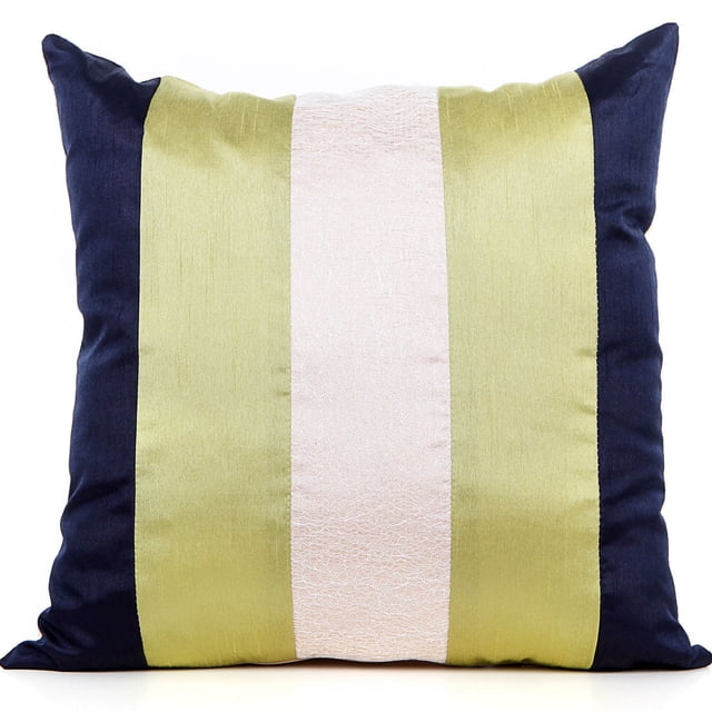 Gouchee Design Metro Cushion decorative throw pillow with vertical lime green, plum, and silver stripes in faux silk fabric, filled with Canadian polyester fiber, zipper closure, 18 by 18 inches, ideal for adding comfort and style to home décor.