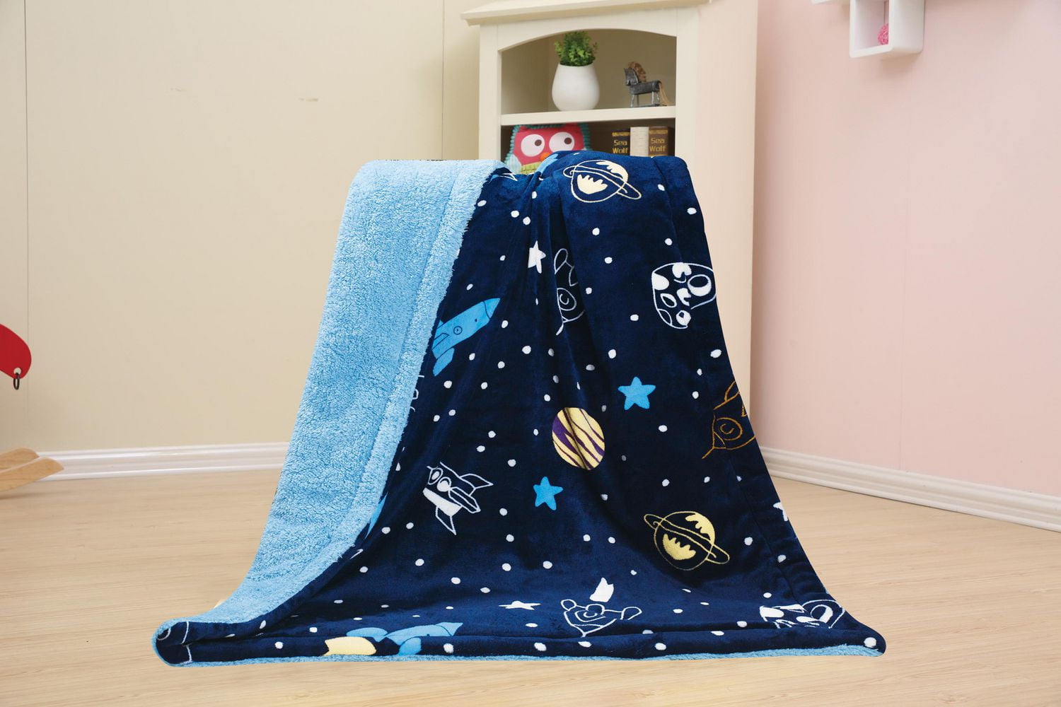 Couverture réversible en flanelle polaire Sherpa pour enfants, motif fusées et étoiles bleu blanc et bleu marine, 76 x 101 cm