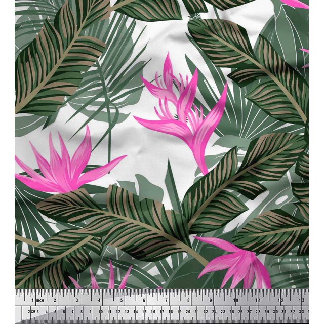 Soimoi Modal Satin Fabric Floral & Leaves Tropical Print Sewing Fabric Yard 42 Inch Wide