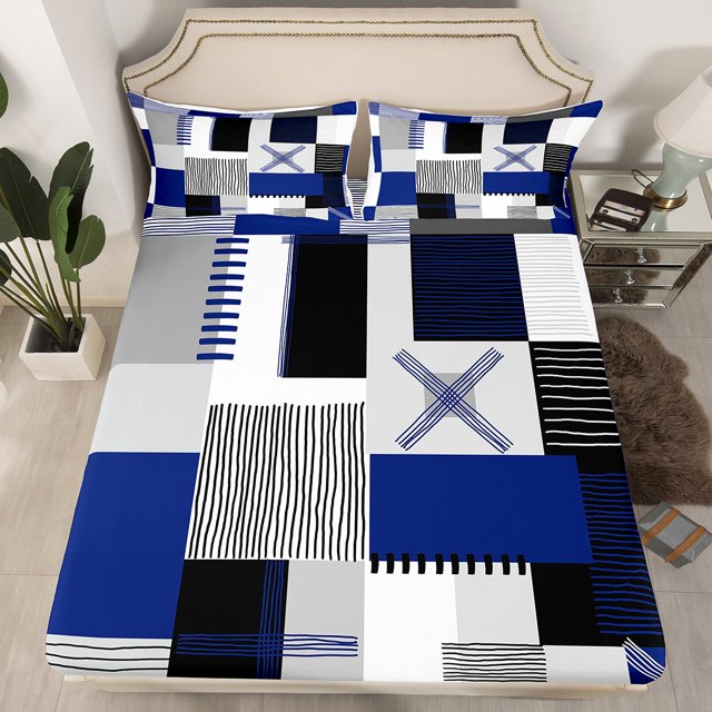 Erosebridal Patchwork Rectangle Fitted Sheet Set Queen,Geometry Stripe Fitted Sheet Queen,Abstract Artwork Decor,Ultra Soft,3 Pieces(No Top Sheet)