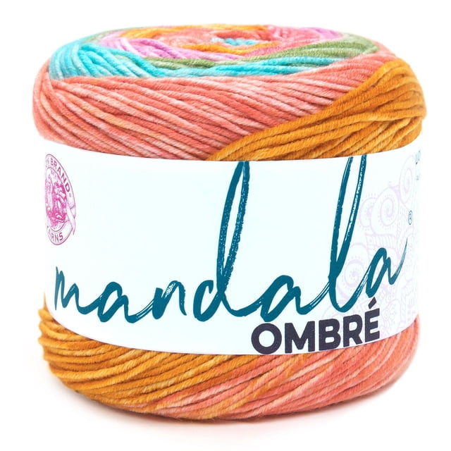 Lion Brand Yarn Mandala Ombre Tranquil Yarn, a medium weight 4 acrylic yarn ball with a smooth gradient of orange, pink, green, purple, and blue colors, wrapped in a white label with the brand and product name, suitable for knitting, crochet, and arts and crafts projects.
