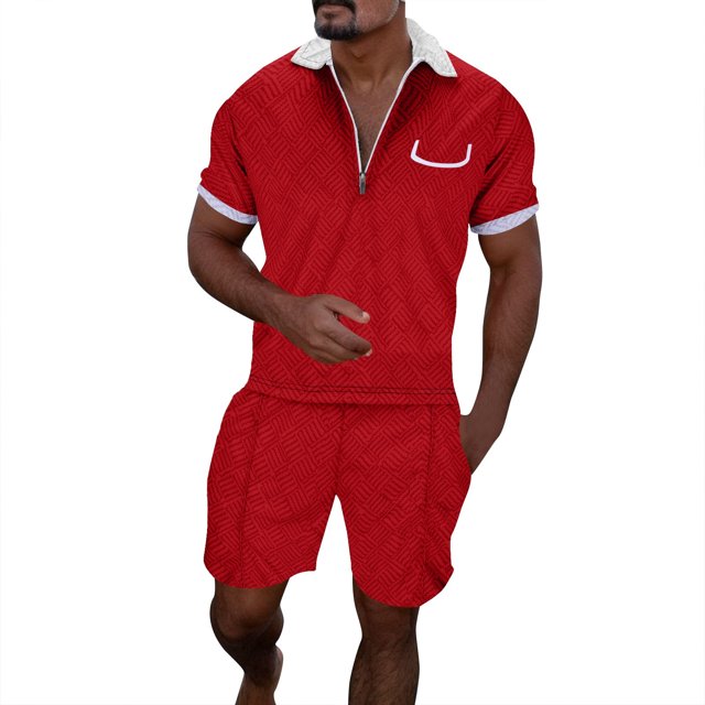 FhsagQ Men's Shirts Shirts for Men Assless Male Casual Striped Gradient Ramp Print Two Piece Suit Zipper Short Sleeve Top Blouse Suit Drawstring Pocket Short Set Men's Shirts Tops Cotton Red XXL